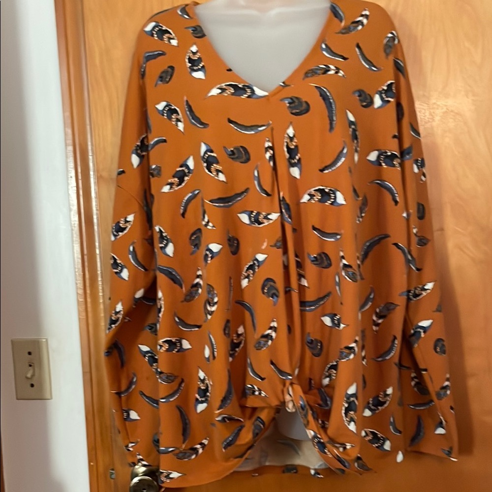 Burnt Orange Feather Print Women's Top